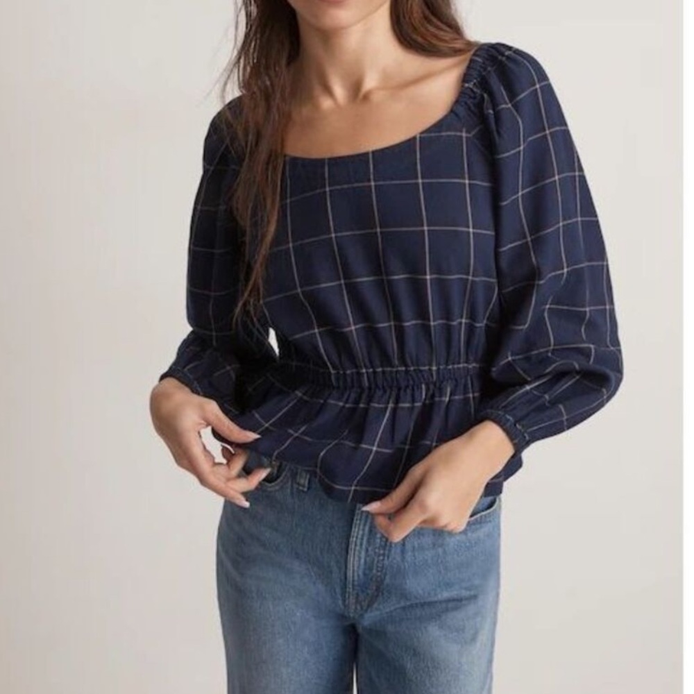 Madewell Scoopneck Peplum Top Womens Large Windowpane Preppy Boho Peasant NWT - Picture 2 of 13